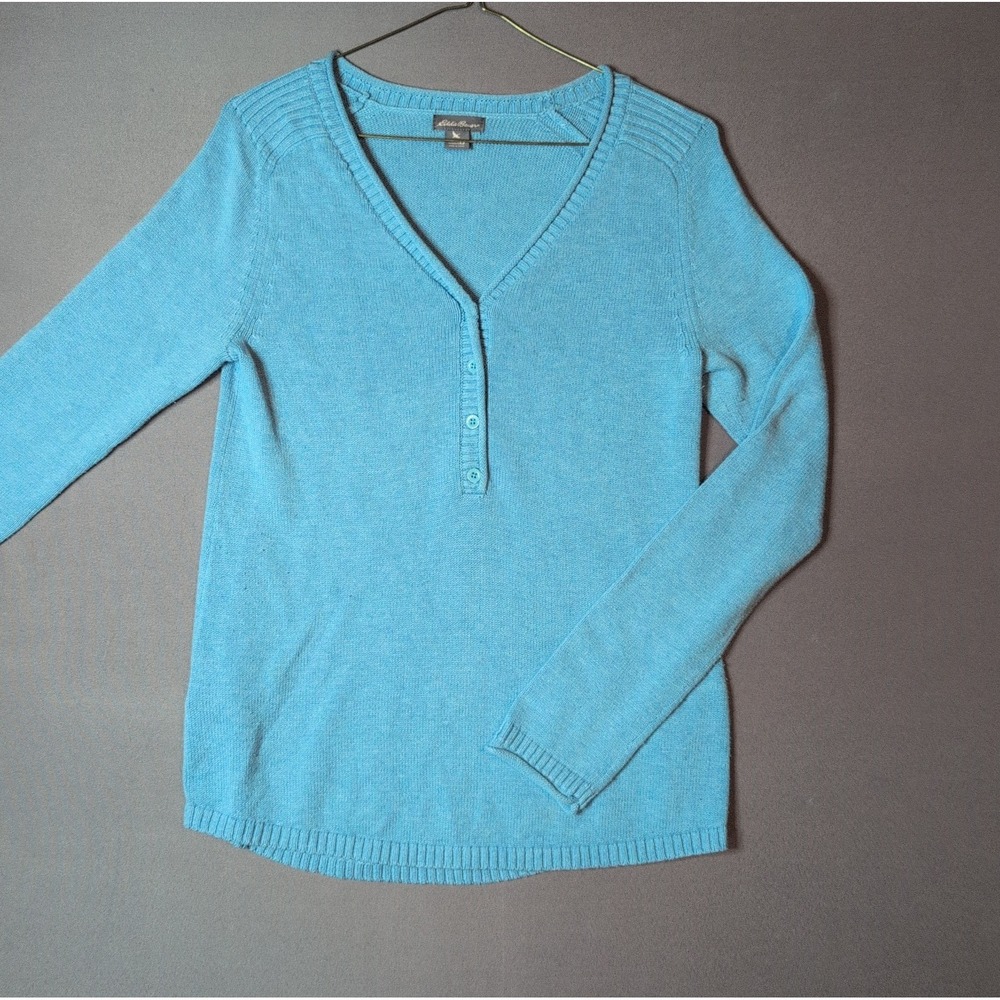 Eddie Bauer Womens Quarter Button Knit Sweater Blue XS Regular Pullover
